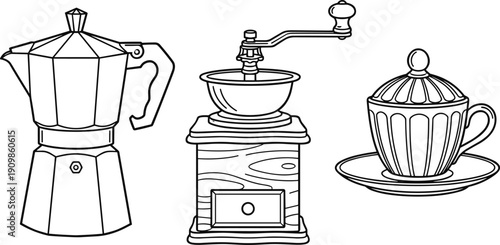 Moka Pot Manual Coffee Grinder and Cup Saucer Line Art Arrangement Keywords: moka pot, stovetop coffee maker, coffee grinder