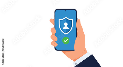 A hand holds a smartphone displaying a shield icon with a user profile and a green checkmark, symbolizing successful