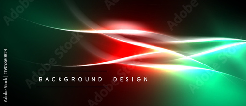 Abstract vibrant lines create dynamic energy. Green, red, white hues blend into dark background. Modern design element.