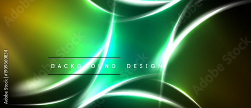 Abstract neon lines create vibrant green, yellow glow. Dark background emphasizes luminous curves, modern design element.