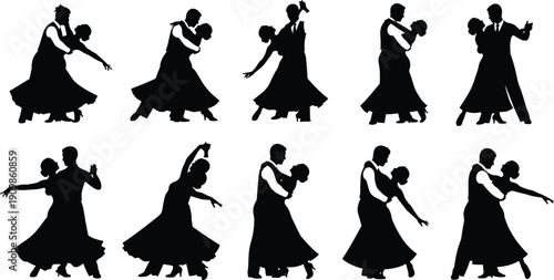 Black silhouette illustration of ten ballroom dancing couples in elegant poses, symbolizing dance art, performance, motion, romance, celebration, and cultural entertainment design.
