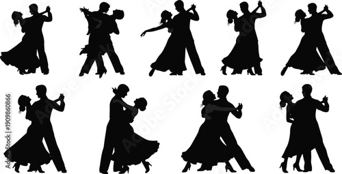 Black silhouette illustration of nine ballroom dancing couples in graceful poses, symbolizing romance, elegance, choreography, performance art, celebration, and cultural dance design.