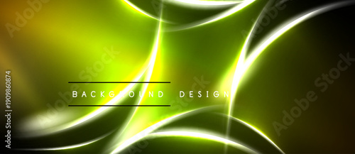 Bright abstract lines create dynamic green, yellow glow. Dark background emphasizes luminous curves, modern design element.