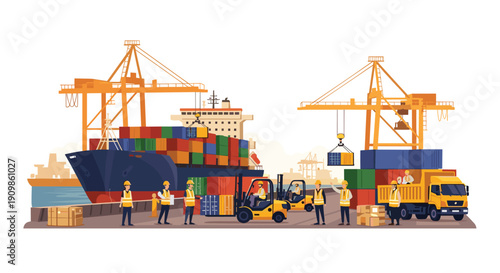 A vibrant and busy shipping port scene with a large container ship, towering cranes, active forklifts, and numerous