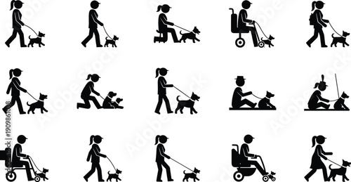 Vector silhouettes of people with dogs in diverse scenarios, walking, training, companionship, assistance, disability support, inclusive design for pet care, accessibility,  
