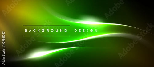 Abstract green background with flowing lines. Bright light streaks create dynamic visual effect. Text reads background design.