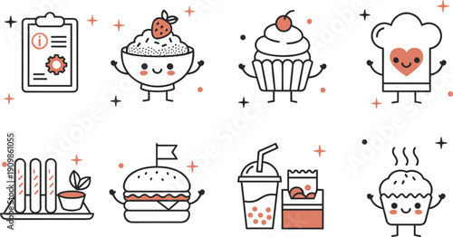 Set of Cute Kawaii Food and Drink Icons on White Background illustration