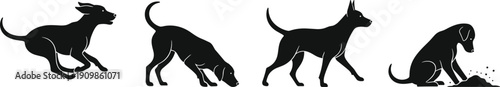Black silhouette dogs in dynamic poses running, sniffing, standing alert, and sitting near dirt, vector illustration for pet behavior, animal design, wildlife artwork concepts