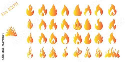 Fire icon collection. Fire flame symbol. Bonfire silhouette logotype. Flames symbols set flat style - stock vector.