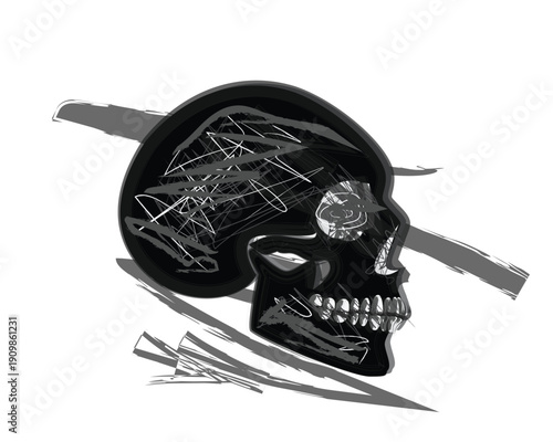 Handdraw skull black and white, side view. Abstract Skull with Brush Strokes
