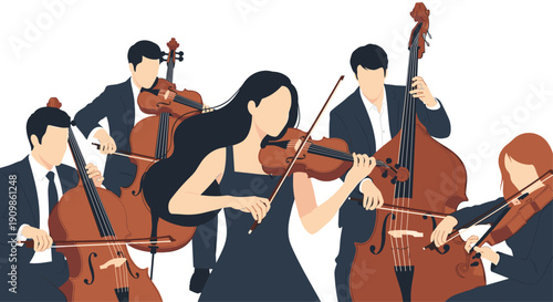 Talented musicians of a classical string orchestra performing with violins, cellos, and double basses, creating rich