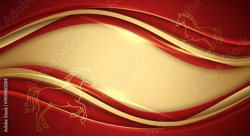 Elegant Red and Gold Wavy Background with Horse Silhouettes - Luxurious Design for Celebrations and Greetings