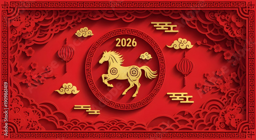 Vibrant Chinese New Year 2026 Design Featuring a Majestic Golden Horse and Elaborate Traditional Paper-Cut Art, Symbolizing Prosperity and Cultural Heritage