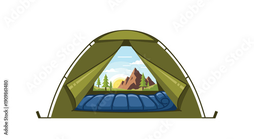 Cozy interior view of a camping tent with a comfortable sleeping bag, offering a stunning vista of mountains and