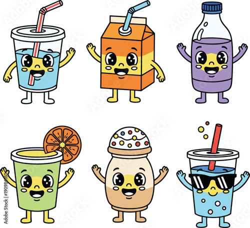 Six colorful cartoon drinks with happy faces and waving arms on white Keywords: cartoon, drink, beverage, character, cute, happy