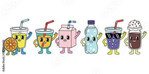 Six colorful cartoon drinks with happy faces and waving arms on white Keywords: cartoon, drink, beverage, character, cute, happy