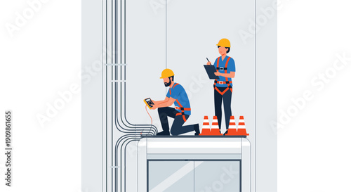 Two dedicated electricians wearing safety harnesses meticulously inspect and test complex electrical wiring and conduit