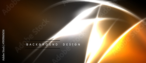 Abstract design features bright lines, gradients. Dark background contrasts with warm orange, white highlights. Modern aesthetic.