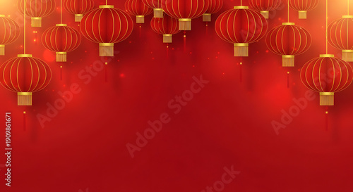 Red Lanterns Hanging Overhead in a Decorative Pattern for Chinese New Year Celebrations and Festive Events