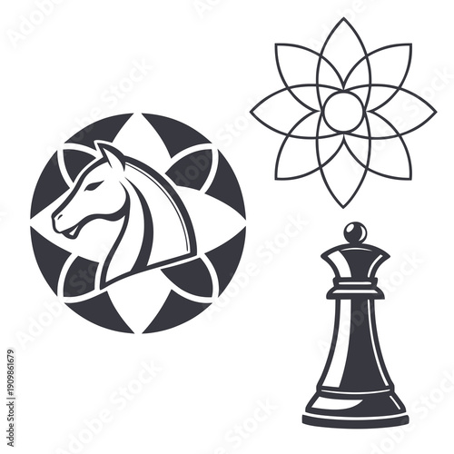 A chess piece and a horse head in a circle with a flower
