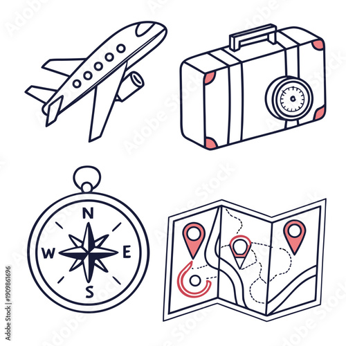Travel icons including airplane, suitcase, compass, and map