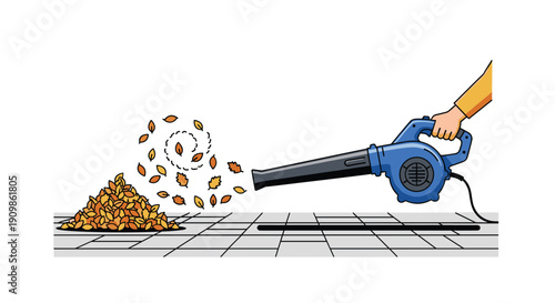 A person's hand operating a blue electric leaf blower, efficiently clearing and accumulating a pile of vibrant autumn