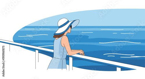 An elegant woman in a wide-brimmed hat and sunglasses gazes out at the tranquil blue ocean from the deck of a cruise
