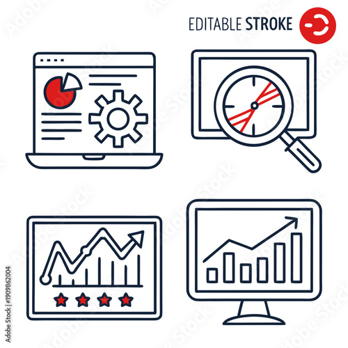 A set of four icons related to business analytics and settings
