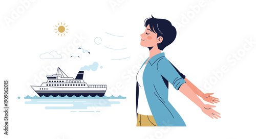 A happy young woman with closed eyes embraces the refreshing sea breeze on a bright sunny day, while a cruise ship