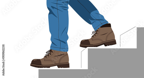 Detailed flat design illustration of human legs, clad in denim trousers and sturdy boots, navigating a downward