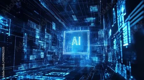 AI technology in digital cyberspace with glowing data connections and flowing network lines, visualising artificial intelligence and futuristic innovation concept