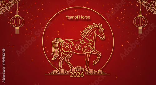 Golden Horse Celebrating Chinese New Year 2026 with Traditional Lanterns and Festive Red Background