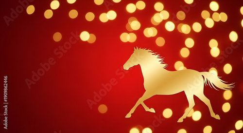 Dynamic golden horse silhouette gracefully galloping against a vibrant red background adorned with shimmering golden bokeh lights, symbolizing energy, strength, and festive celebration