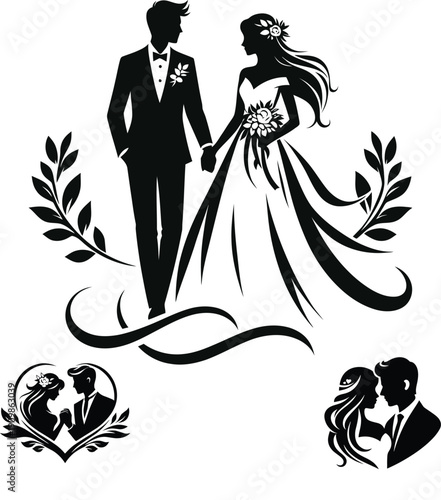 Elegant Wedding Couple Silhouette with Floral Accents.