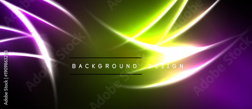 Abstract neon lines create vibrant gradient effect. Dark background emphasizes bright illumination, modern design elements.