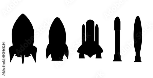 Rocket silhouette space black icon set. Spaceship simple launch rocket ship vector illustration pictogram