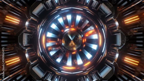 Futuristic reactor core spinning in energy chamber animation