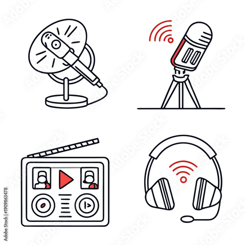 A set of line drawings representing podcasting equipment