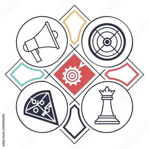 A diagram with various icons arranged in a diamond shape