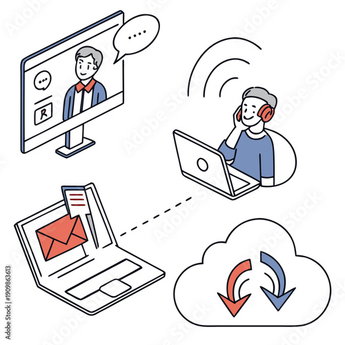 Remote worker communicating with team via cloud services