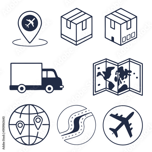 Logistics and transportation icons for global shipping and delivery services