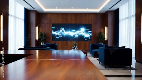 Modern Office Interior with Digital Screen, Insurance-style finance background, safe and balanced mood