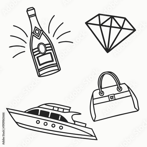 Luxury items including champagne, diamond, yacht, and handbag