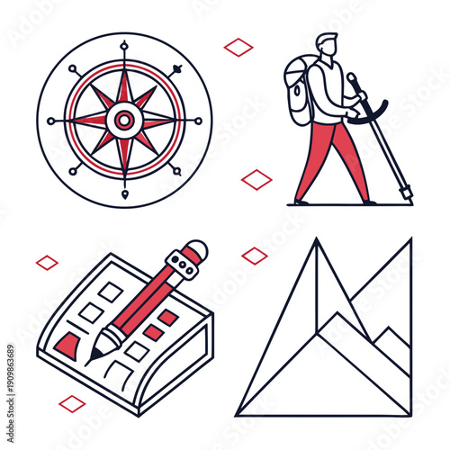 A set of four icons related to navigation and planning