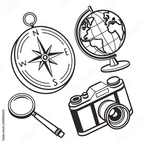 A collection of travel and exploration icons