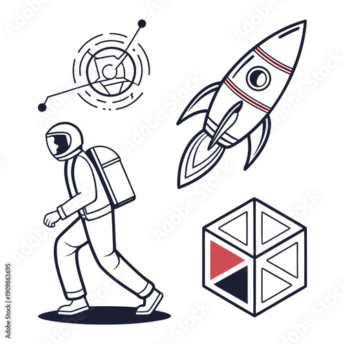 Astronaut walking towards a rocket in space