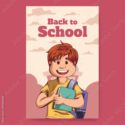 Educational poster with illustration of a smiling child with a backpack and notebooks celebrating the return to school against a school background