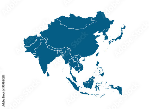 Asia map continent geography countries. Political borders blue silhouette isolated Asia map background regional east south