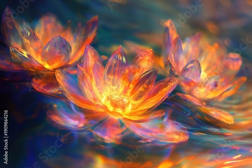 Colorful water lilies blooming above a tranquil pond during sunset lighting