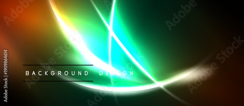 Vibrant abstract background features glowing lines, gradients. Dark space surrounds bright central design elements. Modern, dynamic composition.